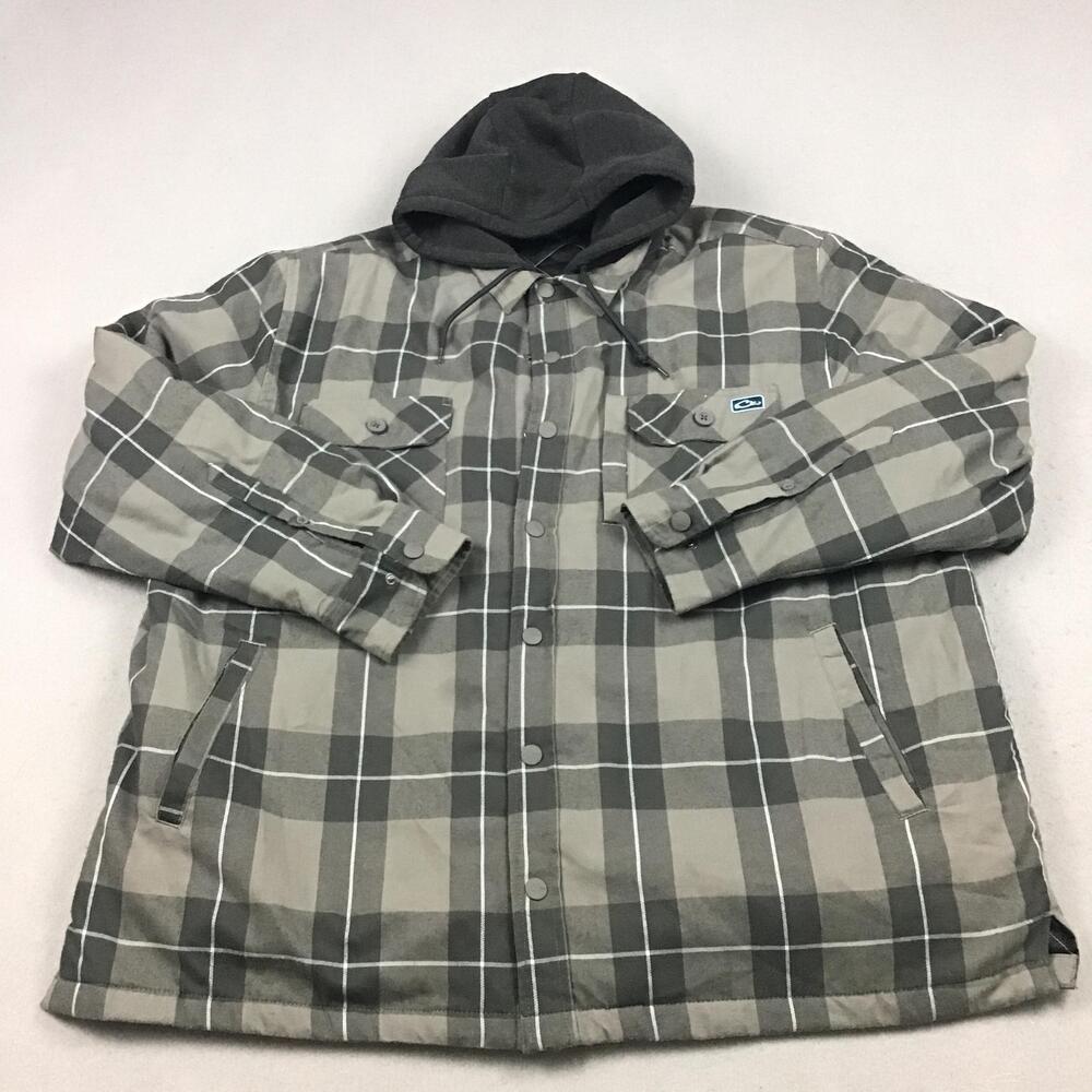 Drake Jacket Men 3XL Gray Quilted Plaid Flannel Hooded Lined Snap Pockets XXXL